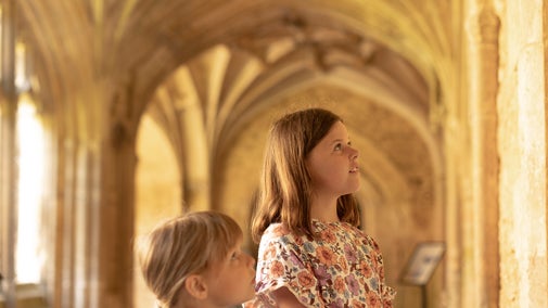 Two children taking in the atmosphere of Lacock's Cloister, they are gazing upwards off camera and the sun is shining.